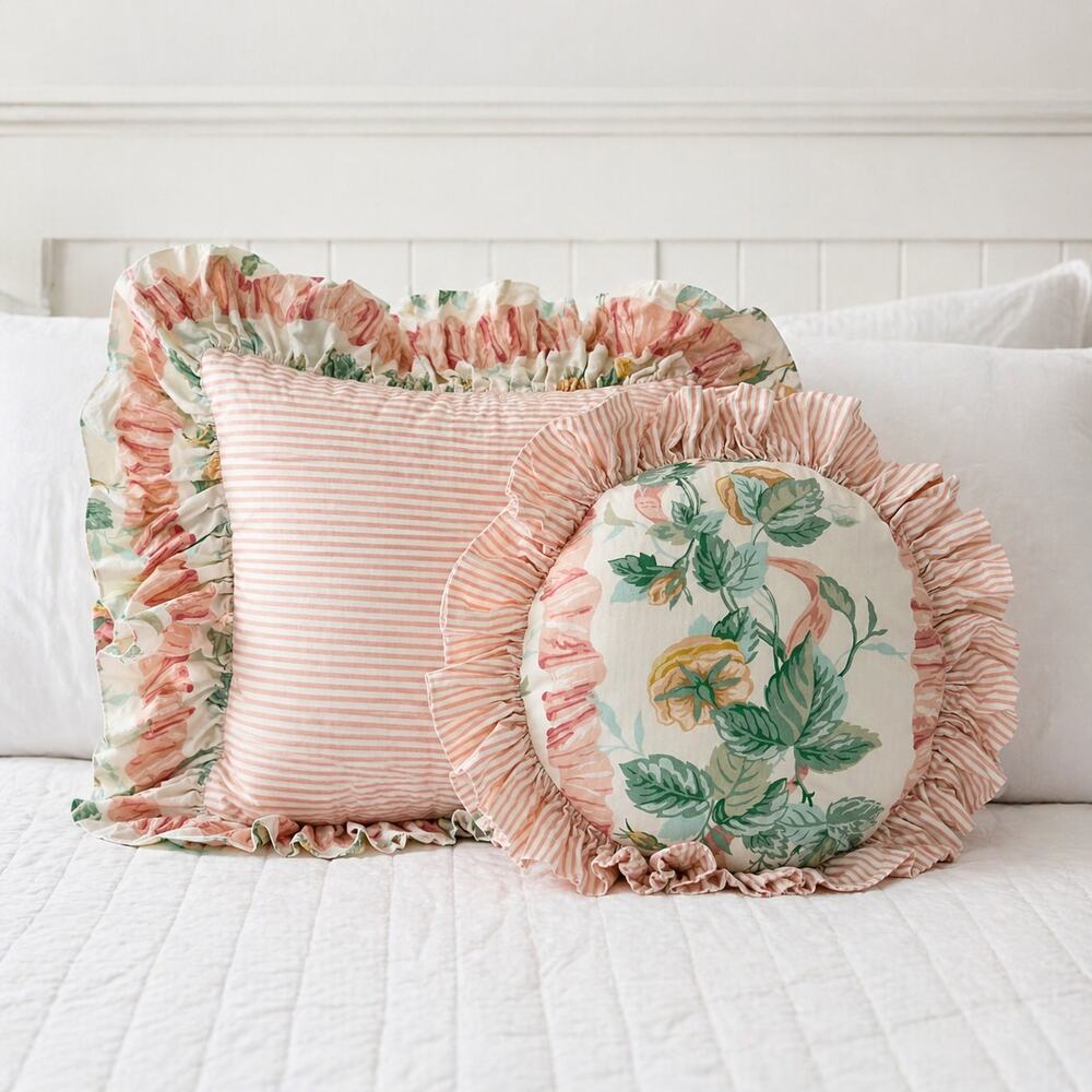 Vintage Cottage Sateen Floral Ruffle Pillow Set Pink Stripe Round Accent Pillow